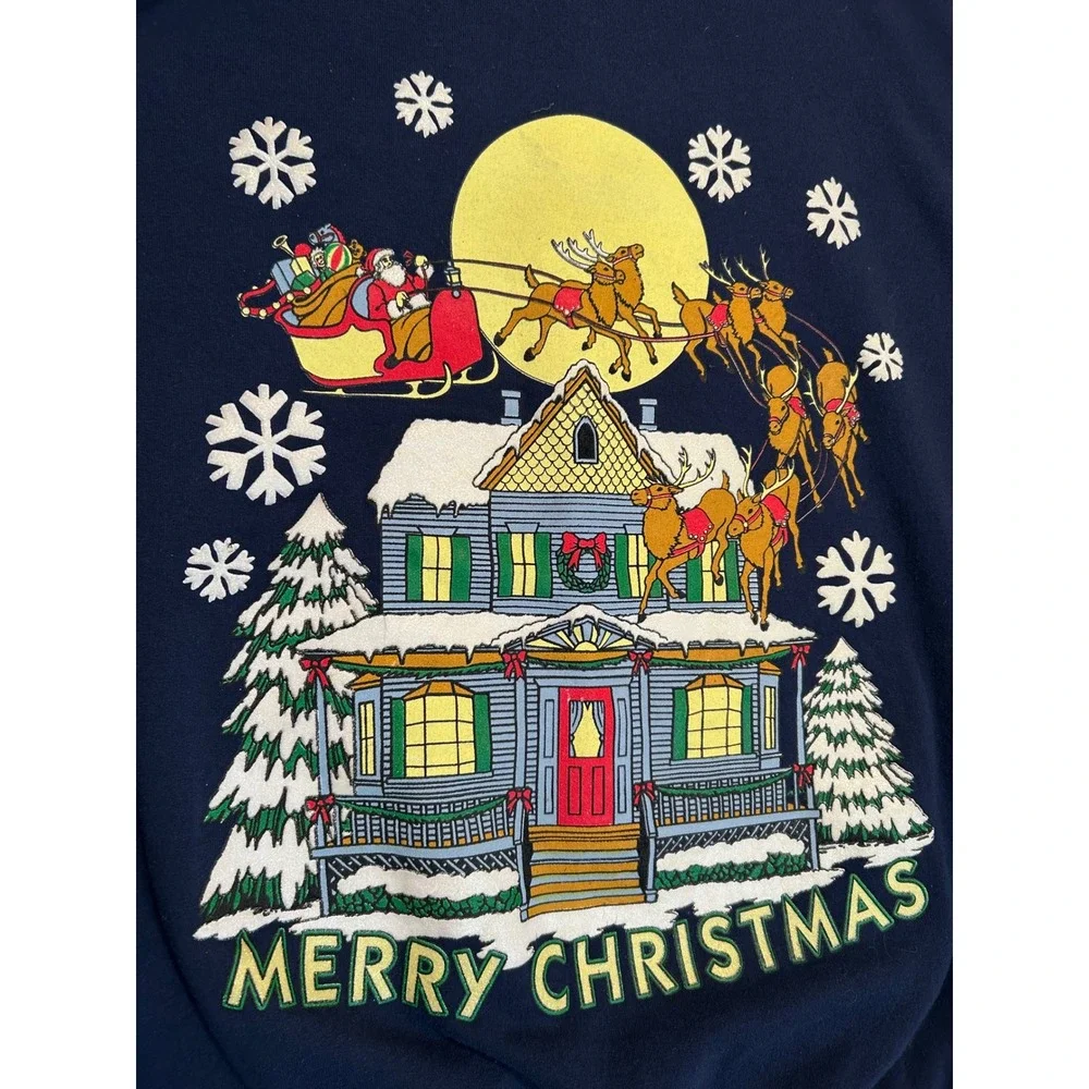 Vintage Merry Christmas Santa Claus Reindeer House Navy Blue Sweatshirt Adult XL